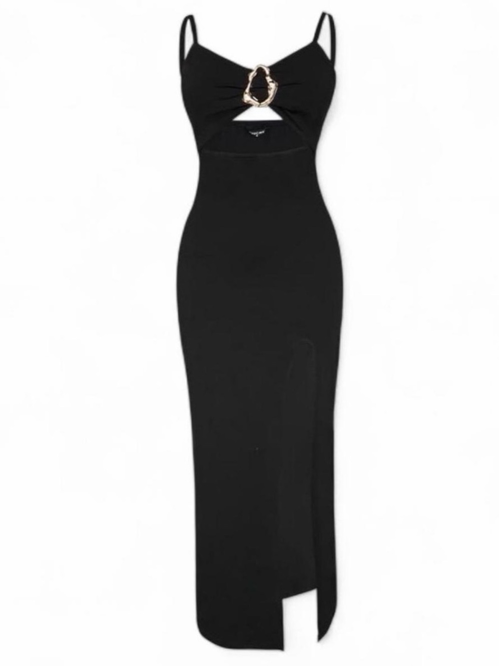 Black Cutout Maxi Dress Gold Ring Hardware High Slit Bodycon Size Small